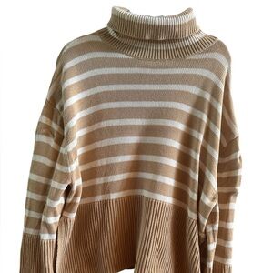 GAP Women’s Size Small Camel‎ Ivory Striped Cotton Turtleneck Sweater